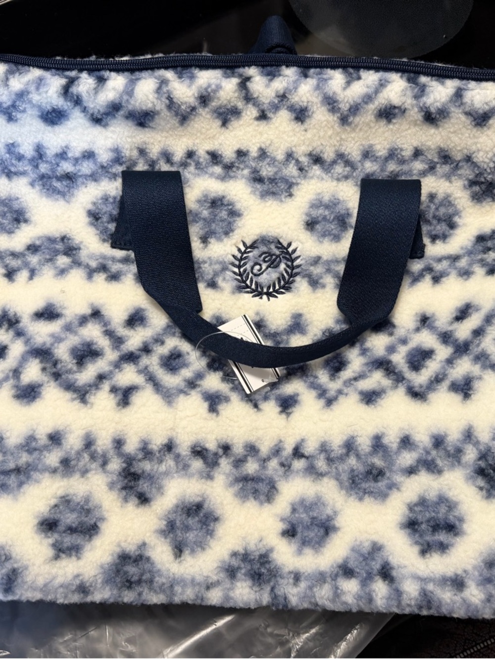 Victoria Secret Cozy Navy & Cream Fuzzy Tote with Laurel Emblem